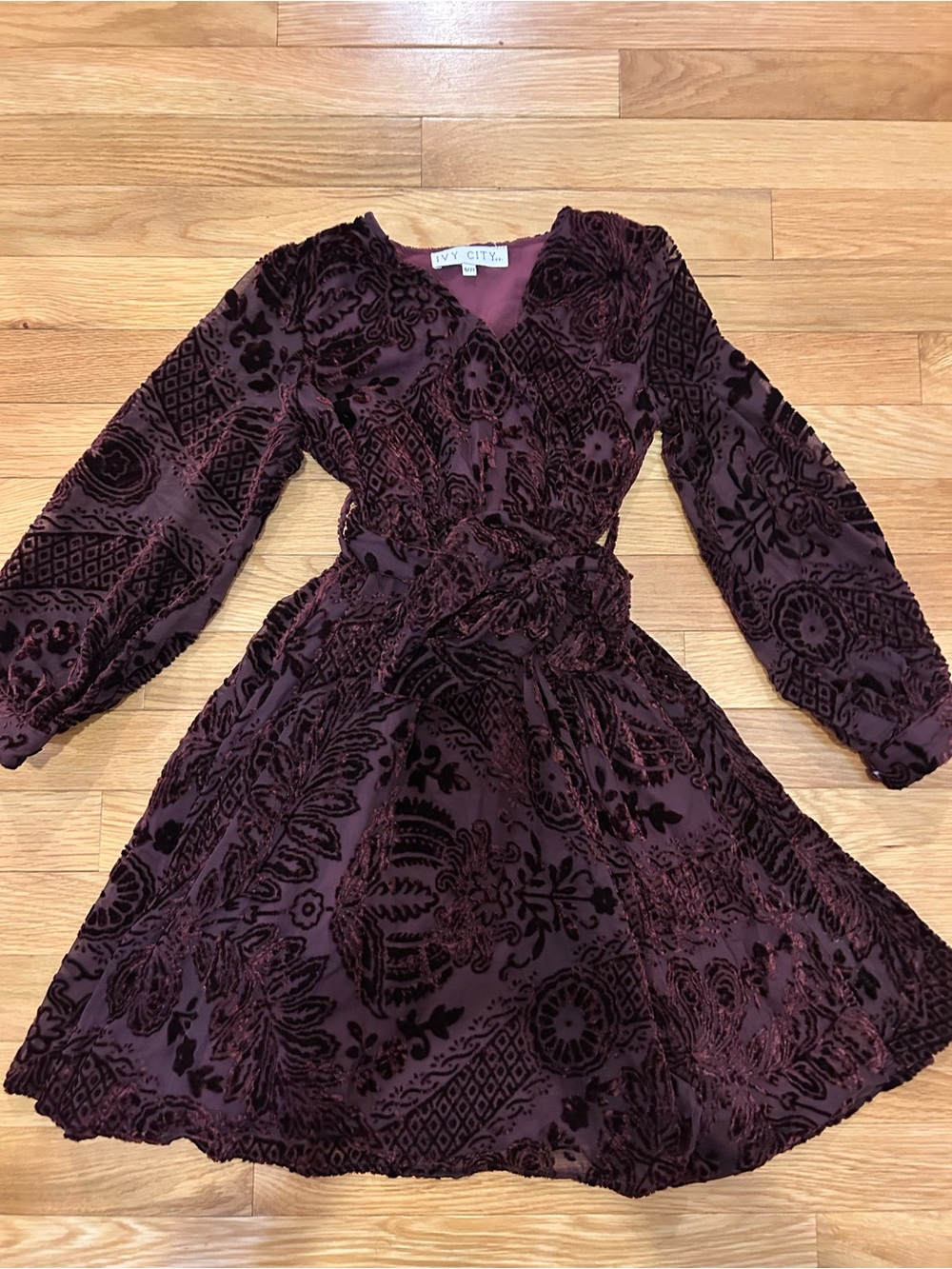 Ivy City 6/7 Burgundy Velvet Burnout Wrap Dress